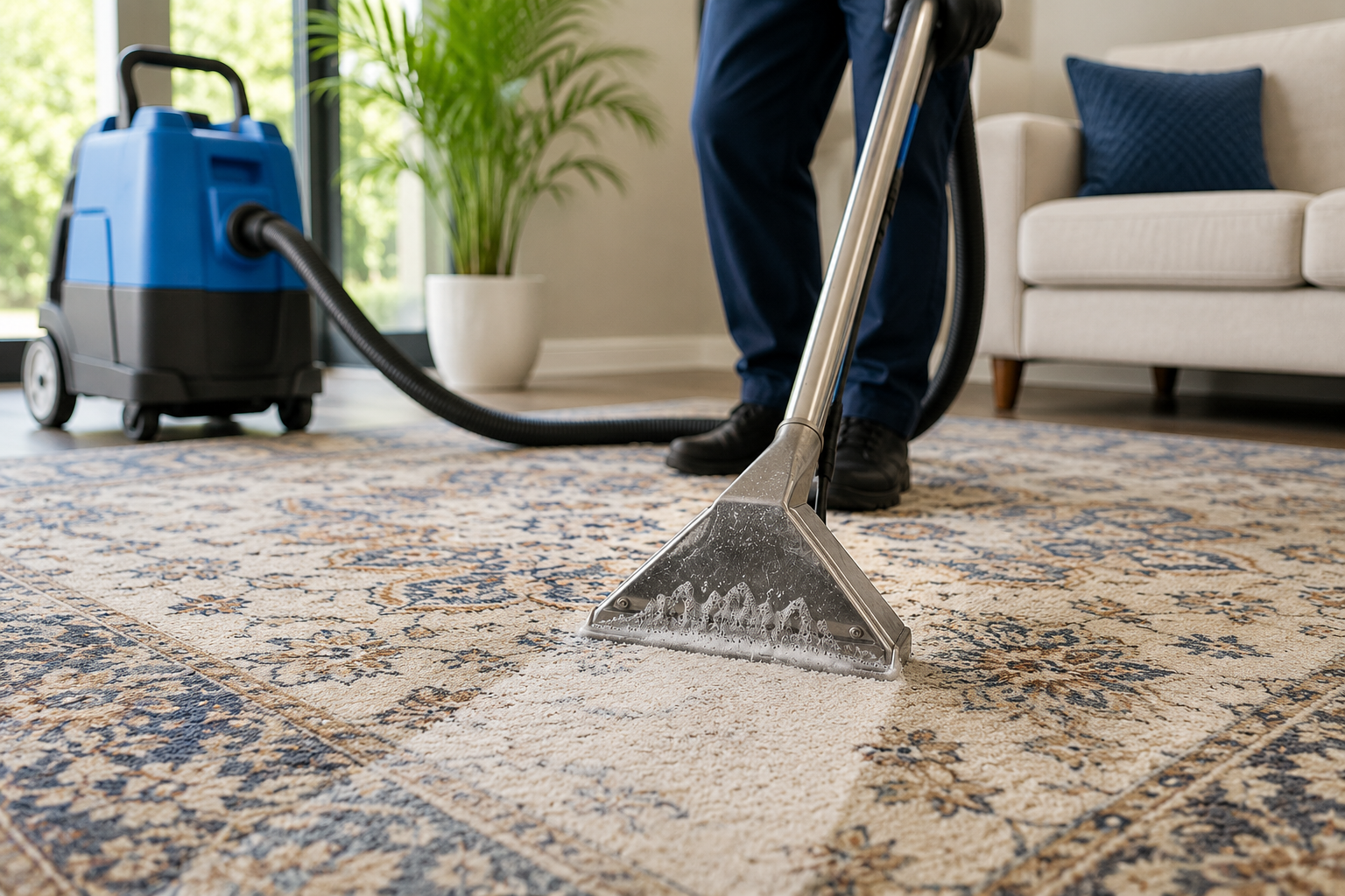 Steam vs dry rug cleaning services comparison showing professional cleaning of an area rug using advanced extraction equipment