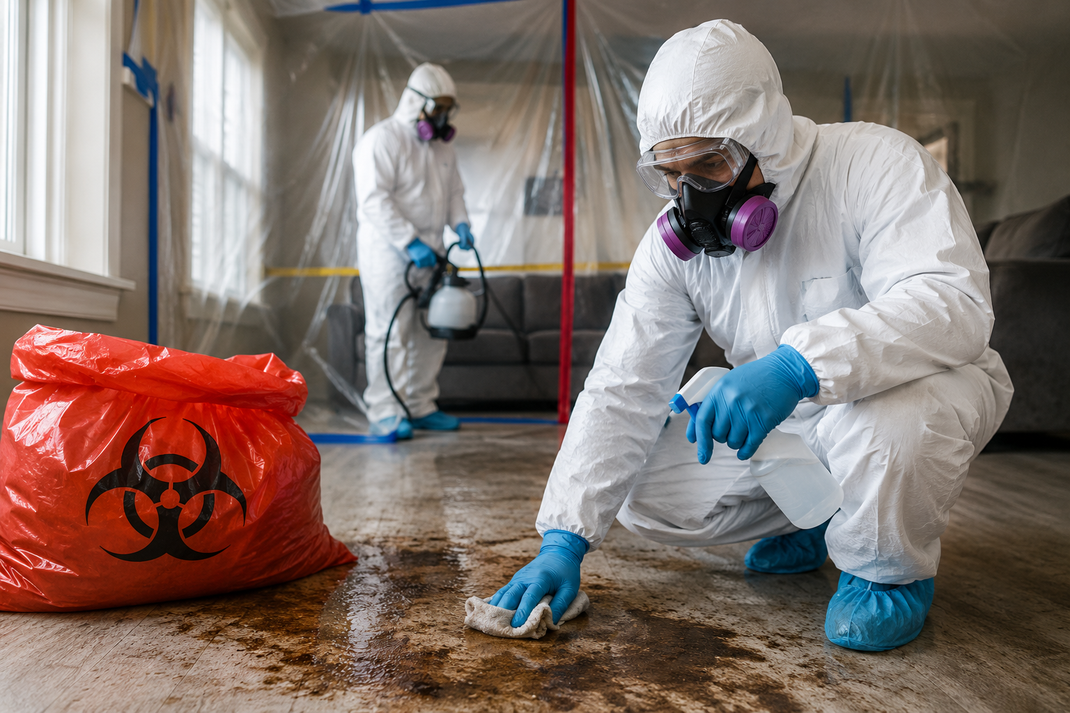 Biohazard removal services technician performing professional cleanup and disinfection in a contaminated property