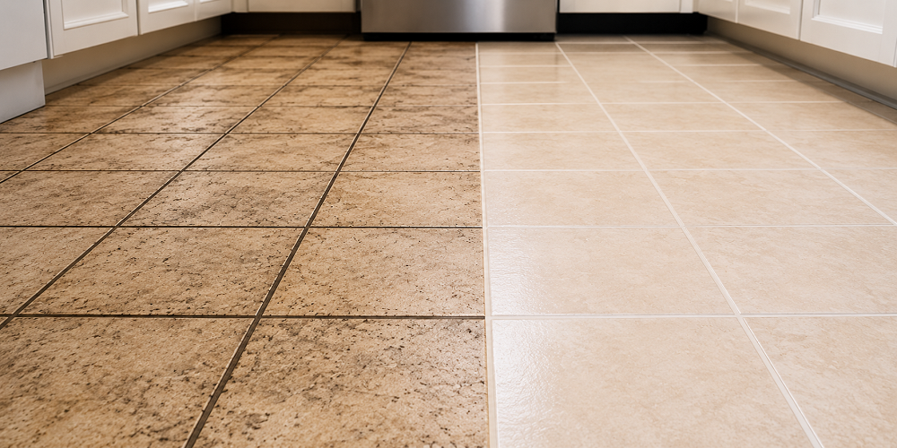 Grout Cleaning Services in Utah restoring dirty tile floors and grout lines in a residential home