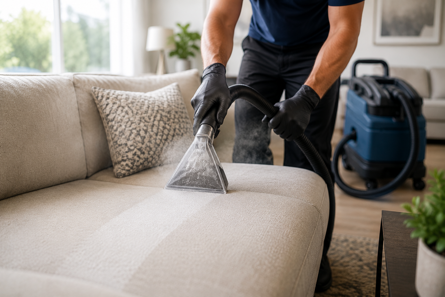 Professional upholstery steam cleaner in Utah deep cleaning a fabric sofa to remove dirt, stains, and allergens