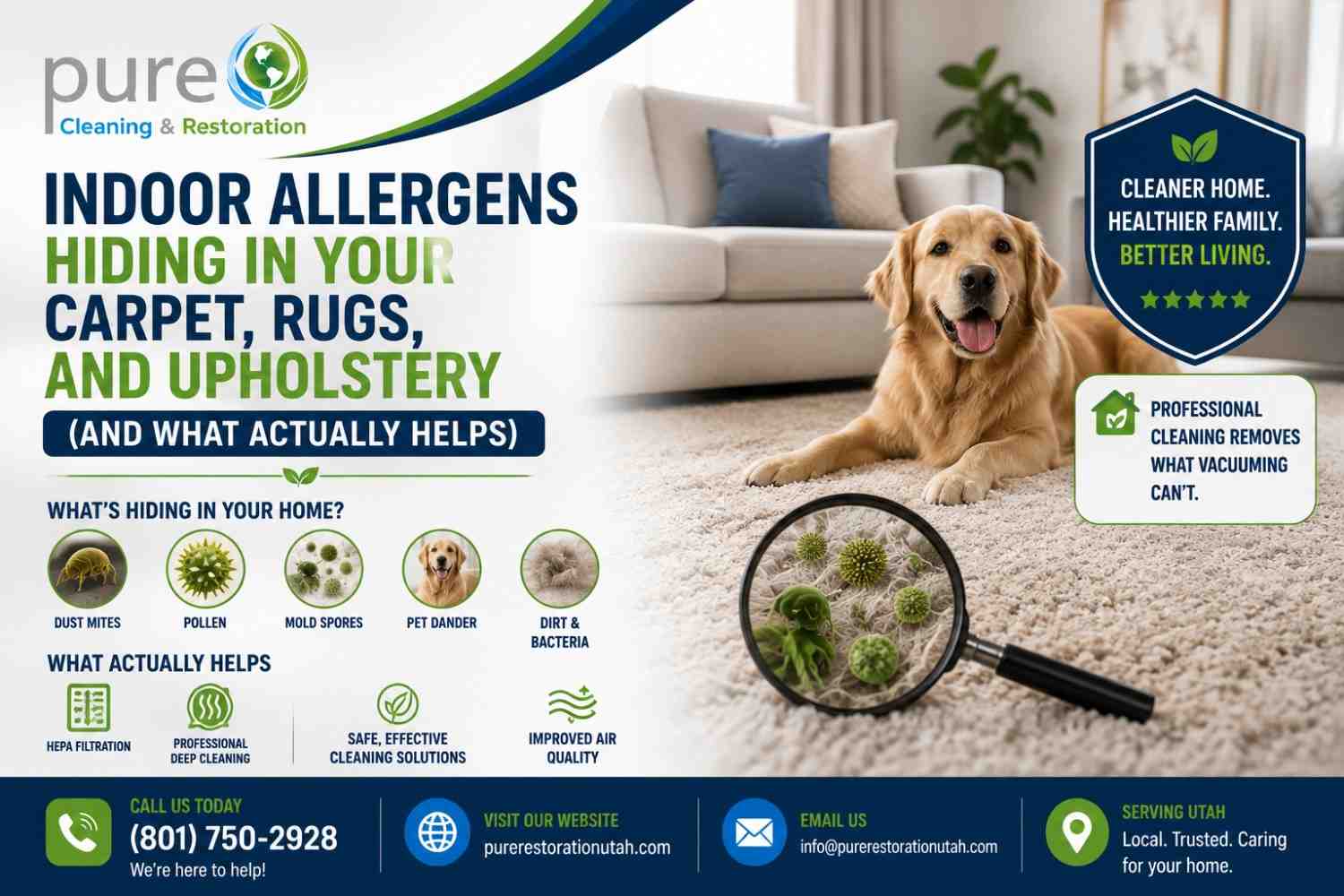 Professional carpet, rug, and upholstery cleaning removing indoor allergens, dust mites, pet dander, and pollen for a healthier home in Utah