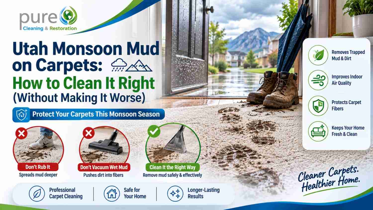 Professional carpet cleaning for Utah monsoon mud stains using safe deep cleaning methods to protect carpet fibers.