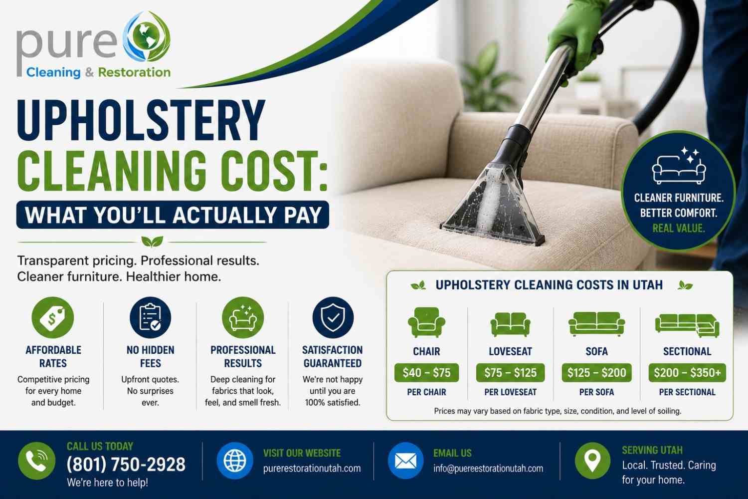 Professional upholstery cleaning service in Utah showing sofa deep cleaning and upholstery cleaning cost information.