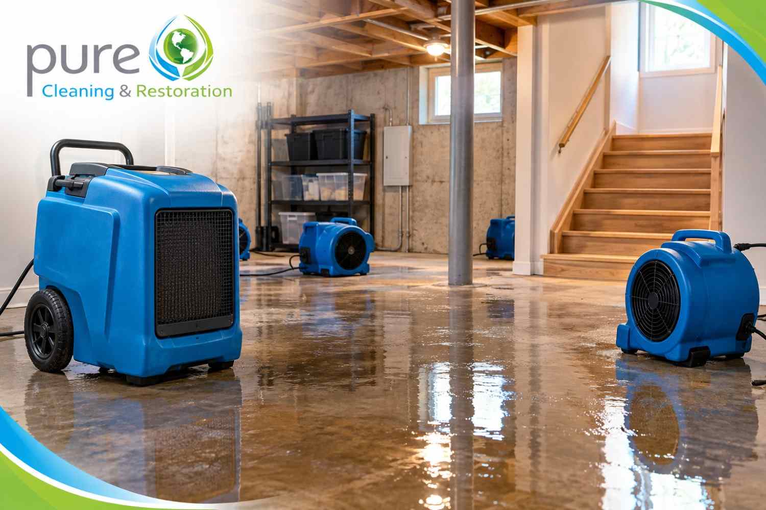 Flooded basement drying with professional water damage restoration equipment in Utah.