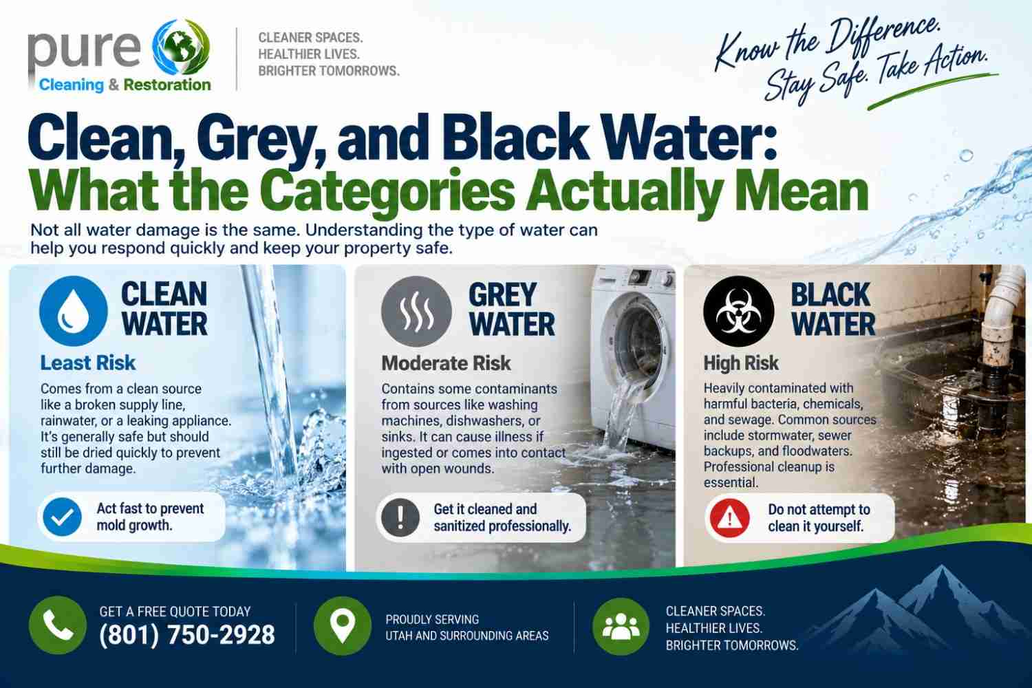 Comparison of clean, grey, and black water categories for water damage restoration in Utah.