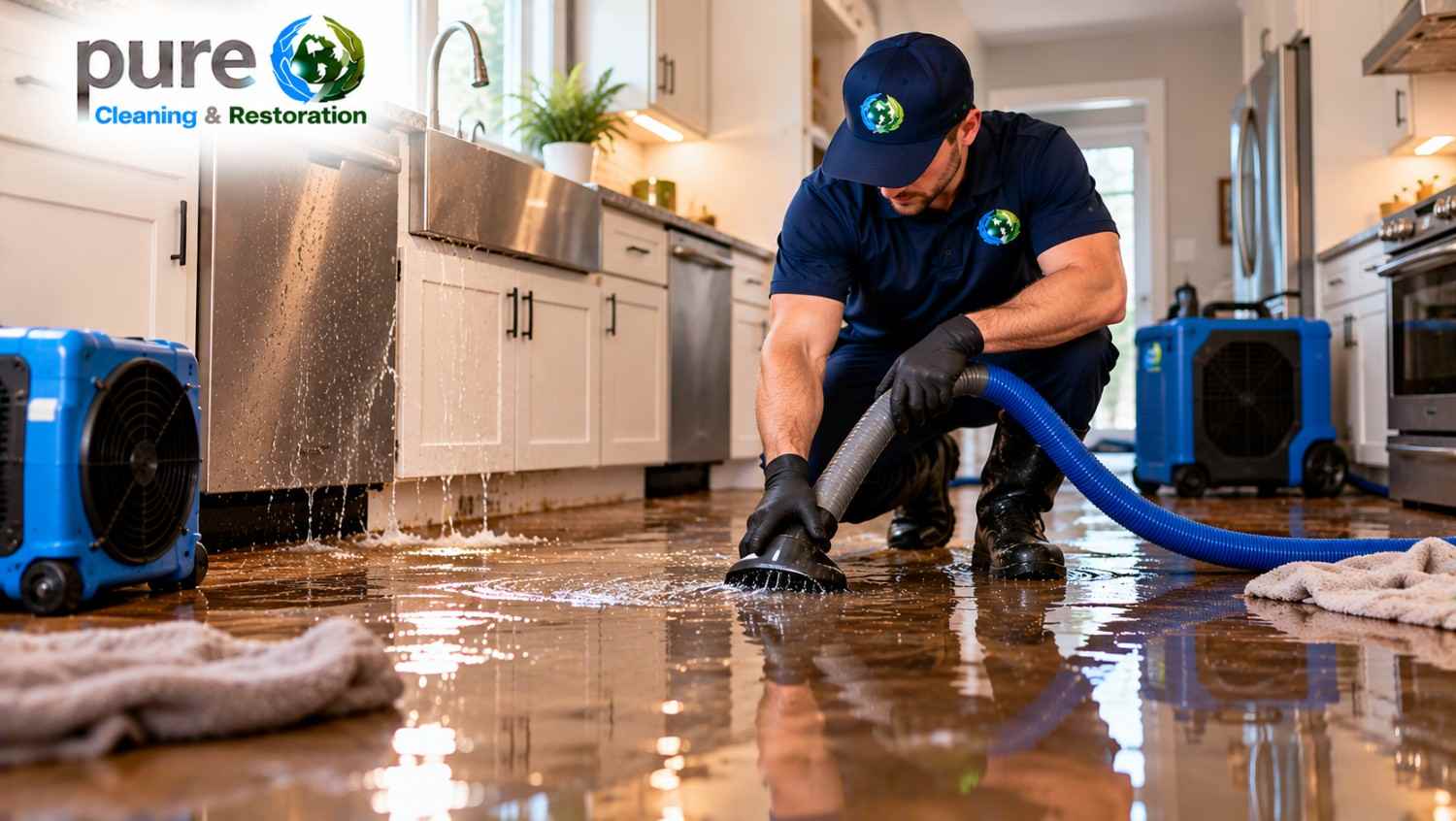 Flooded kitchen with emergency water damage restoration equipment in Utah.
