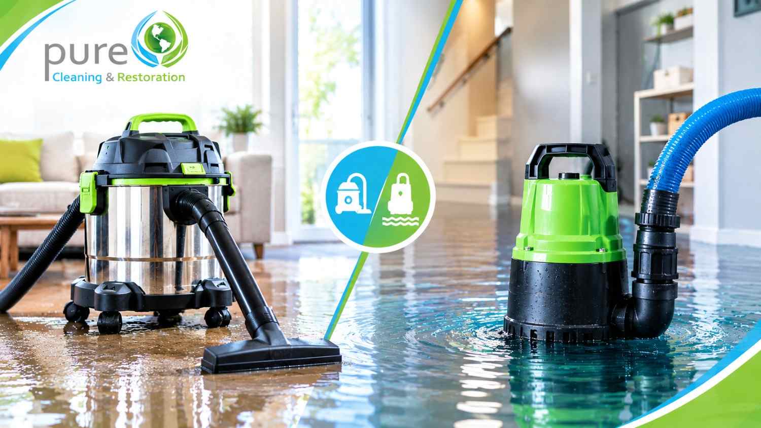 Wet/dry vacuum and submersible pump used for water damage cleanup in Utah.