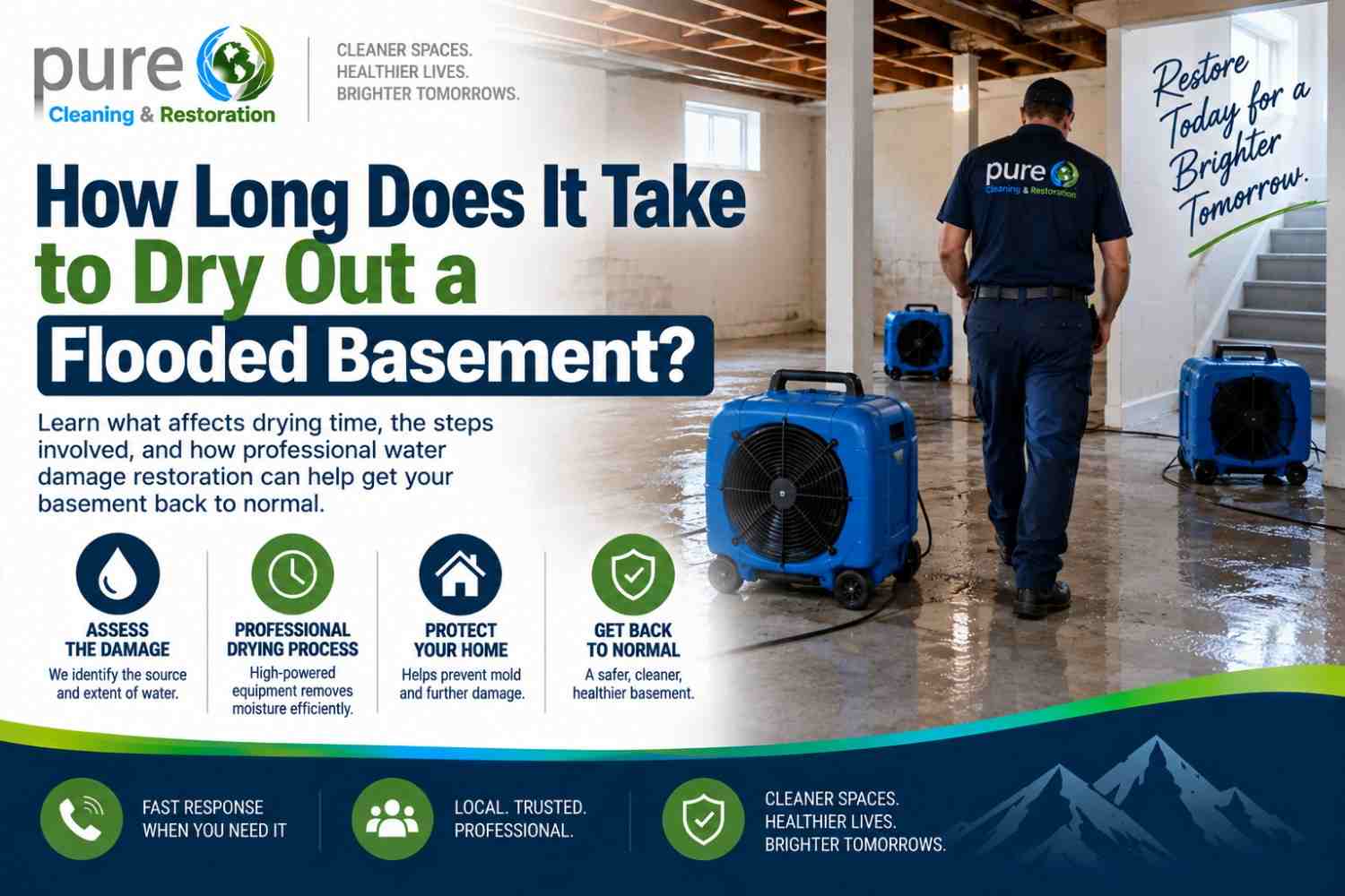 Flooded basement drying with professional water damage restoration equipment in Utah.