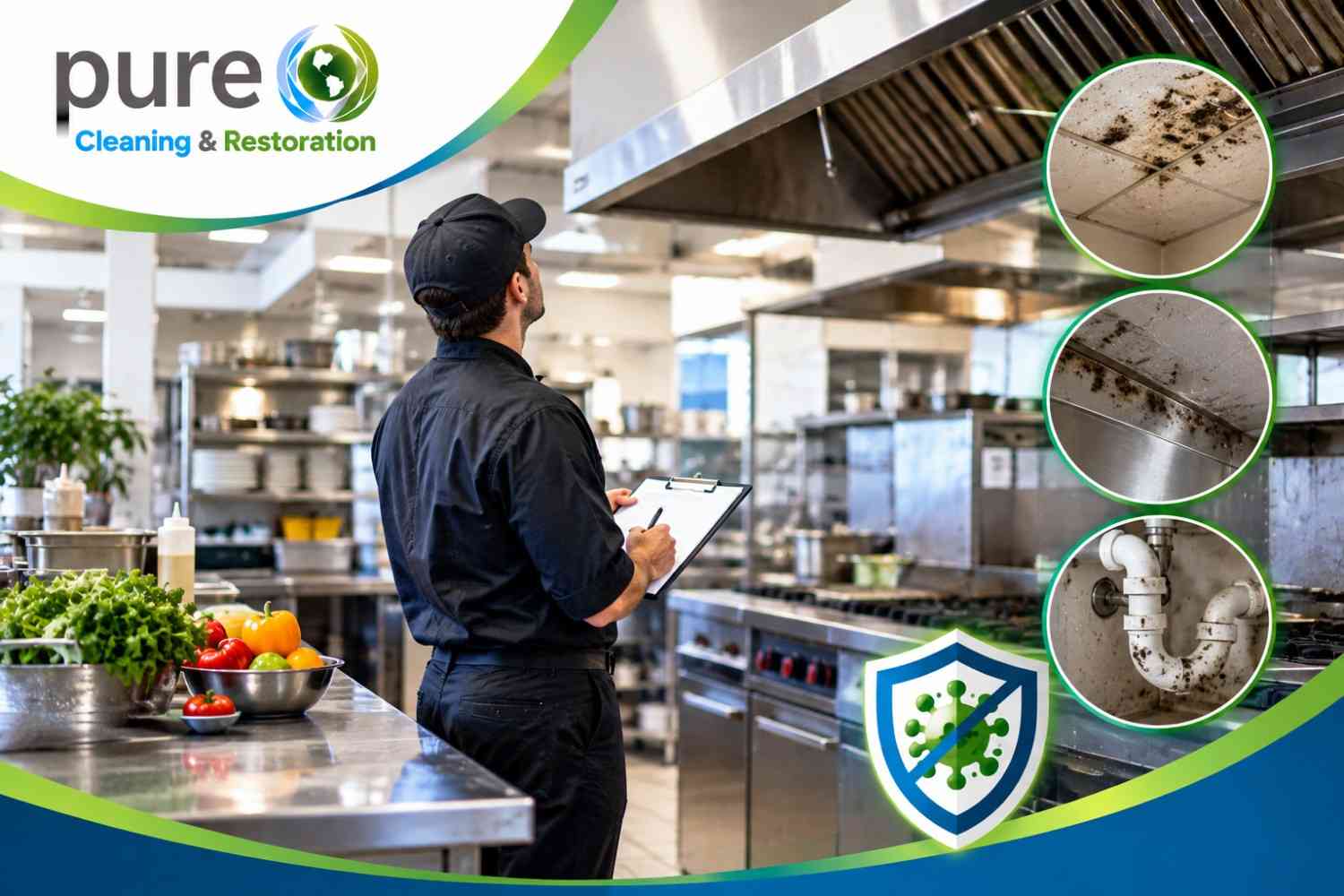 Restaurant mold prevention inspection in a commercial kitchen, showing a worker checking ventilation areas and common mold-prone surfaces.