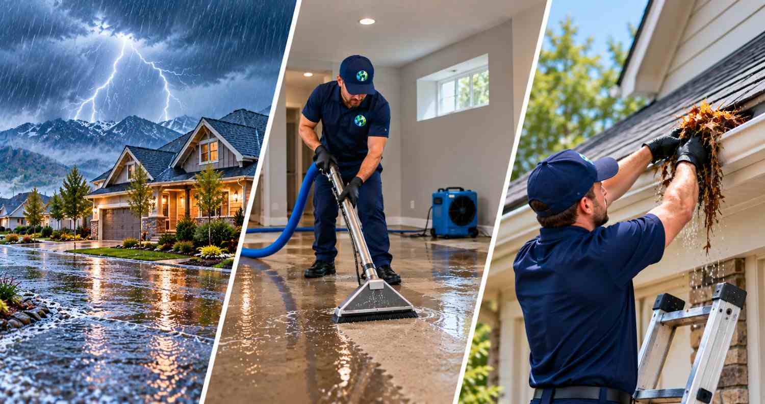 Utah home during monsoon season with heavy rain, indoor water extraction, and gutter cleaning to prevent flash flood and storm damage.