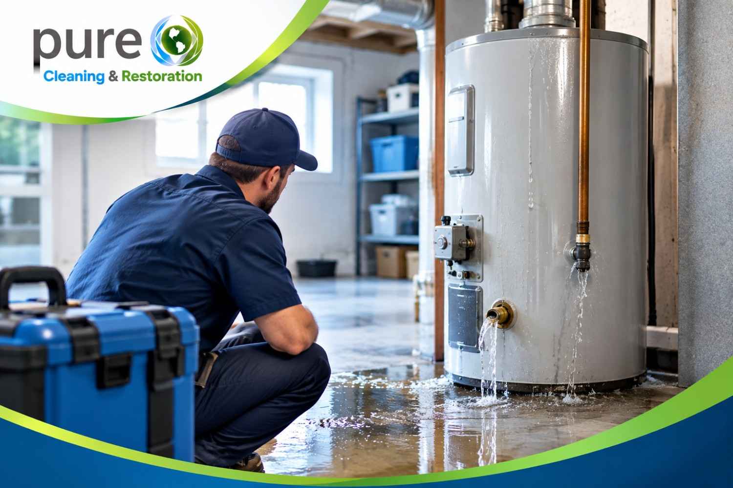 Burst water heater leaking onto a residential floor with professional water damage restoration equipment ready for emergency cleanup.